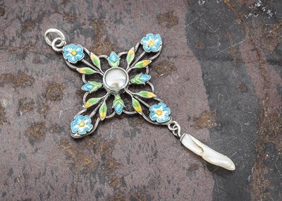 Lot 64 - An Arts and Crafts silver, enamel and blister pearl sterling marked cross