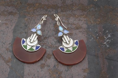 Lot 71 - A pair of Art Deco style carnelian, silver, enamel and moonstone drop earrings