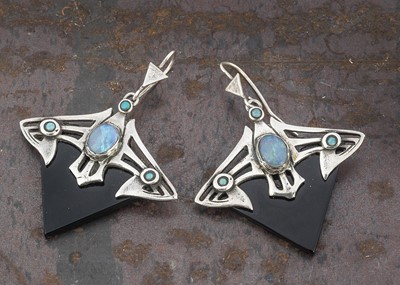 Lot 72 - A pair of Art Nouveau style silver, turquoise and rainbow moonstone earrings