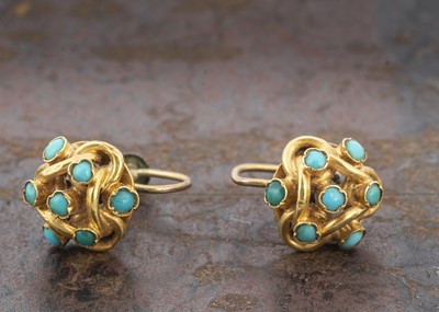 Lot 80 - A pair of 19th Century turquoise set gold earrings