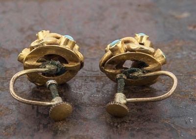 Lot 80 - A pair of 19th Century turquoise set gold earrings