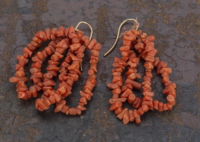 Lot 183 - A pair of 19th Century Italian coral multi strand drop earrings