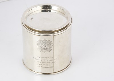Lot 449 - A George V silver novelty tobacco pot with Military interest by CE