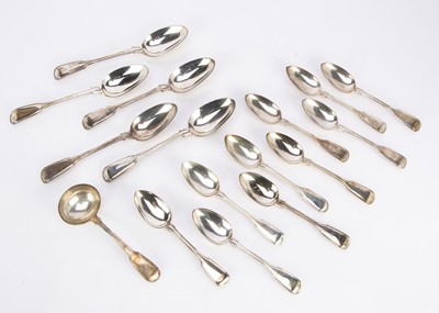 Lot 466 - A set of nine Victorian silver fiddle and thread pattern dessert spoons by George Adams