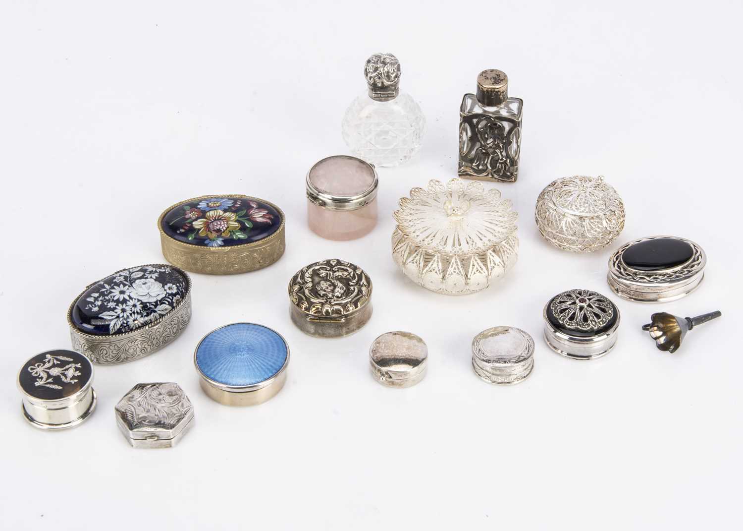 Lot 471 - A group of small silver and other boxes and two scent bottles