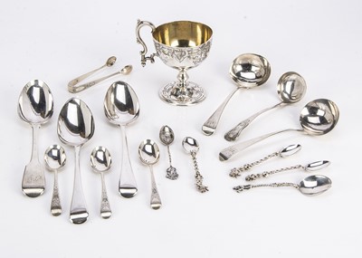 Lot 490 - A collection of 19th and 20th century silver flatware and other spoons and a punch goblet