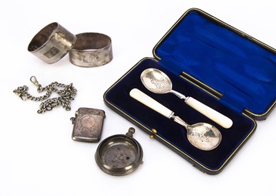 Lot 531 - A cased pair of Victorian silver and mother of pearl spoons and four other silver items and a silver plated watch chain