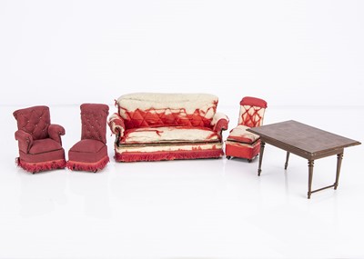 Lot 753 - A Rock & Graner large scale dolls’ house upholstered sofa and chairs