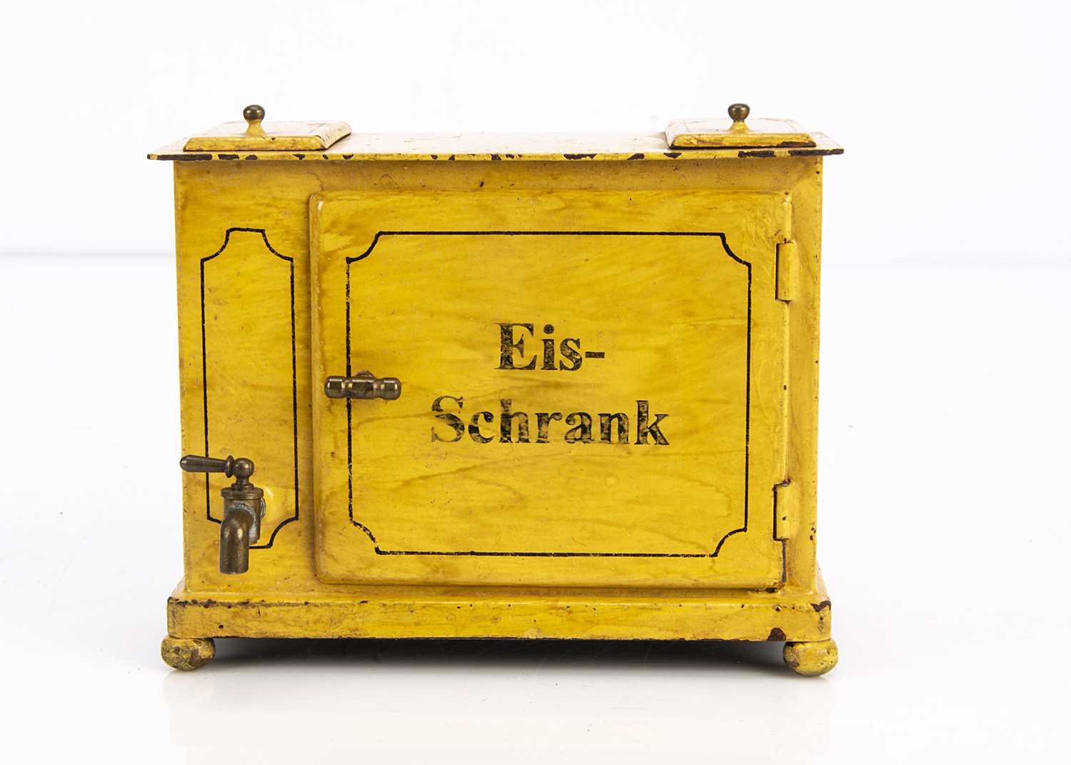 Lot 754 - An early 20th century German painted tinplate large scale dolls’ house Eis-Schrank (Ice Box)
