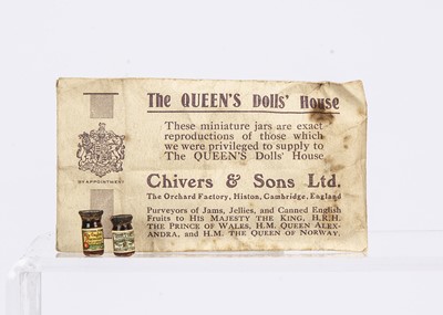 Lot 815 - A rare Queen Mary’s dolls’ house Chivers & Sons Ltd miniature jams with envelop