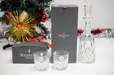 Lot 74 - A modern Waterford Crystal Lismore pattern decanter with stopper and a pair Whisky tumblers