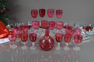 Lot 184 - Twenty vintage red liquor glasses and a decanter