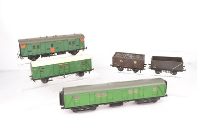 Lot 23 - Kitbuilt 0 Gauge Southern Railway green Utility Vans and brown Open wagons  (5)