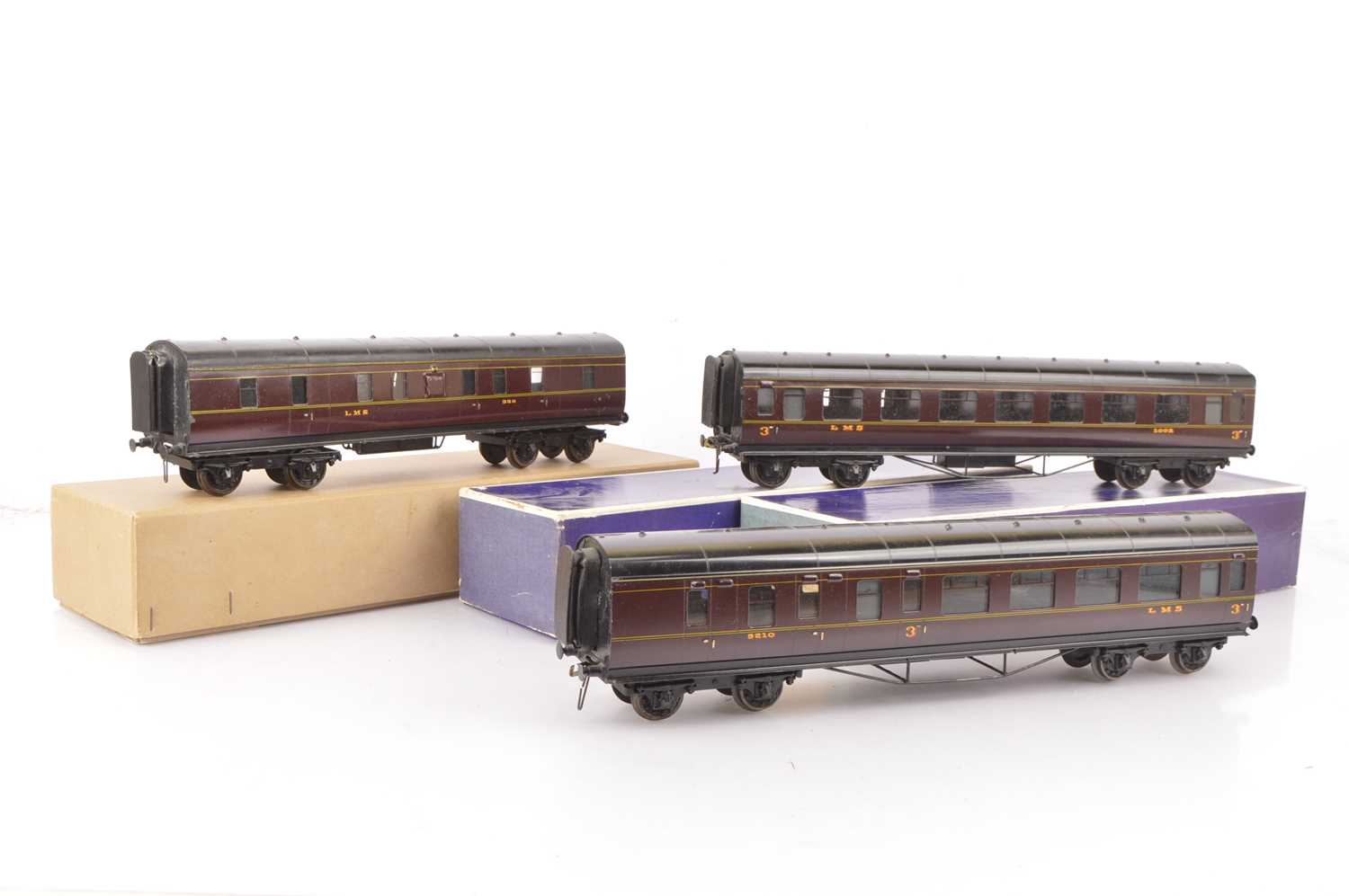 Lot 33 - Three Exley for Bassett-Lowke O Gauge LMS maroon Main Line Coaches