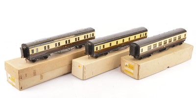 Lot 46 - Exley for Bassett-Lowke GWR chocolate and cream Main Line Coaches (3)
