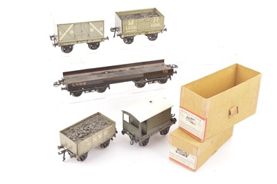 Lot 69 - Bassett-Lowke 0 Gauge LNWR grey Box Van and Open wagon and MR Loco wagon and Brake Van and Highfields wagon (5)