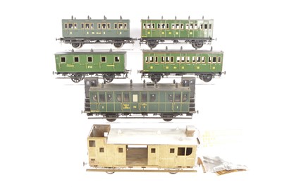 Lot 280 - O Gauge etched brass kitbuilt PO (Paris-Orleans) green 4-wheel Coaches and unfinished Fourgon (6)