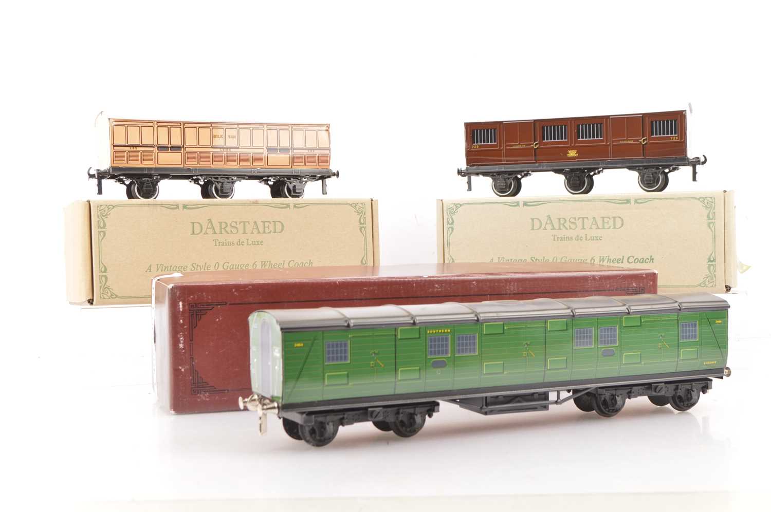 Lot 322 - ACE Trains  0 Gauge SR Utility Van Overlay series by Brian Wright and Darstaed GWR 6-wheel Luggage Van and LSWR Milk Van (3)