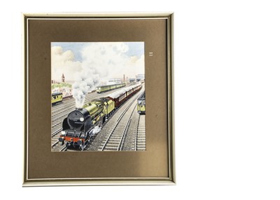 Lot 491 - Watercolour Depicting A Lord Nelson Class Locomotive Hauling a Pullman Train out of Waterloo Station Attributed to Alan Anderson