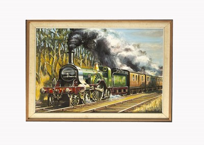 Lot 504 - Oil on Board GNR Steam Locomotive and Coaches by D W Hefford