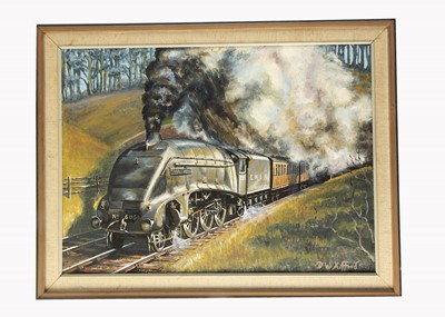 Lot 505 - Oil on Board LNER A4 Steam Locomotive and Coaches by D W Hefford