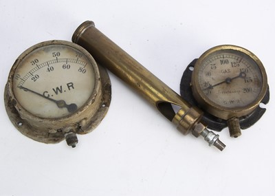 Lot 514 - Two Brass Gauges and A Steam Whistle