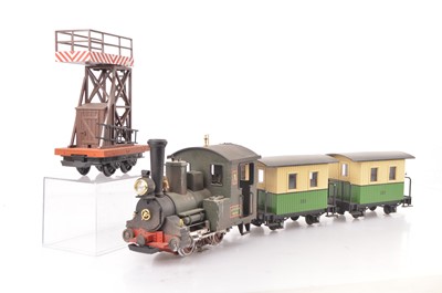 Lot 724 - A weathered Gauge 1 two-rail narrow-gauge 0-4-0 steam Locomotive and three wagons by LGB (4)
