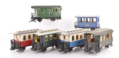Lot 725 - Six Gauge 1 narrow-gauge Continental Style 4-wheel Coaches and a similar 'Pairs' bogie Coach by LGB (7)