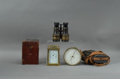 Lot 193 - Brass Cased Carriage Clock Barometer and Russian Field Glasses