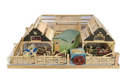 Lot 669 - A large wood construction scratch built approx scale model of a Farm with Farming equipment and animals (qty)