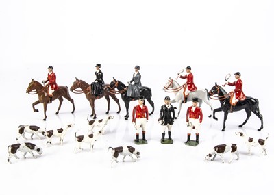 Lot 748 - Britains hollow cast lead Hunt figures from 'The Meet' comprising mounted Huntswomen (2) and men (3) including rare version on grey