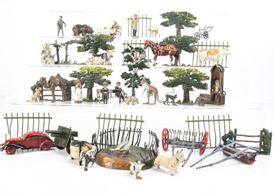 Lot 752 - A tray of British-made lead figures including Britains comprising Taylor & Barrett Seal Pond (missing some rails)