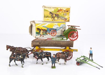 Lot 759 - Boxed farm vehicles by Britains and Charbens comprising Britains 4F Tumbrel Cart (missing 1 pin to hold shafts to cart)