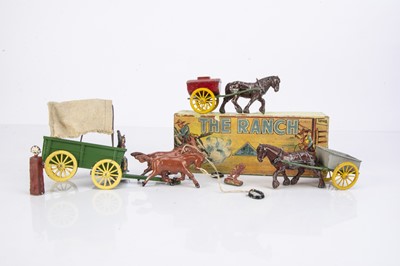Lot 760 - Horse drawn vehicles by Timpo and Benbros comprising Timpo farm water cart and Benbros 2 wheel cart