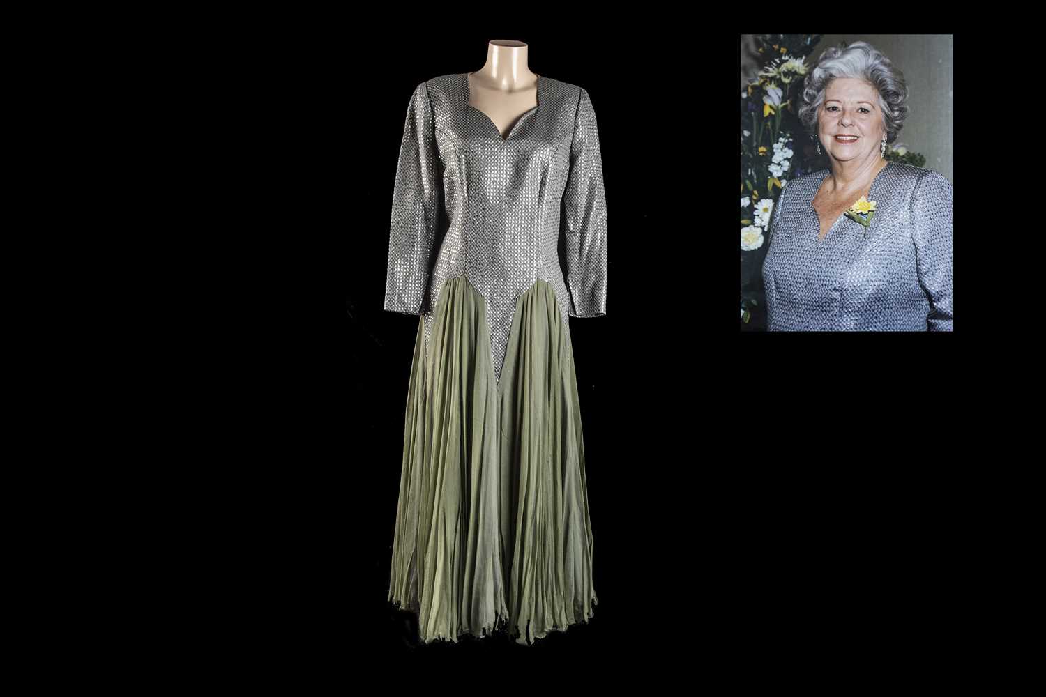 Lot 137 - Baroness Boothroyd's bespoke silver chequered and green silk ball gown