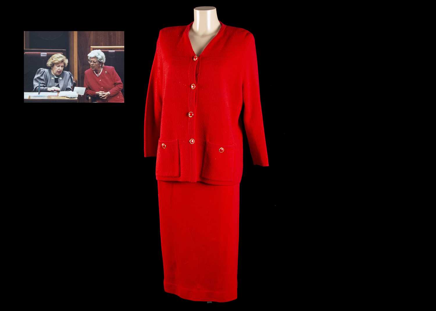 Lot 140 - Baroness Boothroyd A much loved red jersey jacket and skirt