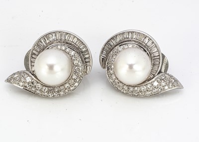 Lot 205 - A pair of 'PLAT' marked cultured pearl and diamond clip and post earrings