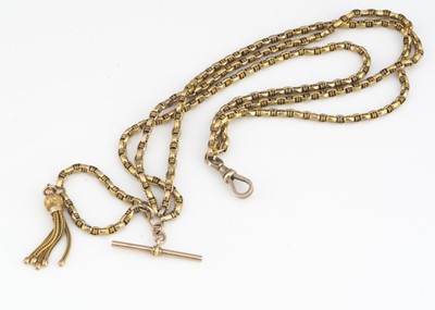Lot 73 - An early 20th Century fancy link three strand and tassel dropped T bar and jump link watch chain