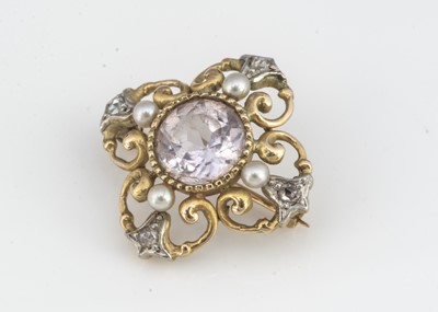 Lot 101 - A continental pink sapphire, diamond and pearl quatrefoil brooch