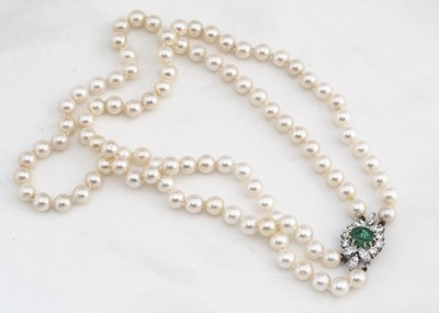 Lot 237 - An emerald and diamond cultured pearl double row twin set necklace