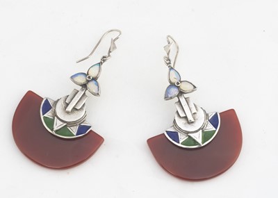 Lot 256 - A pair of Art Deco style carnelian, silver, enamel and moonstone drop earrings