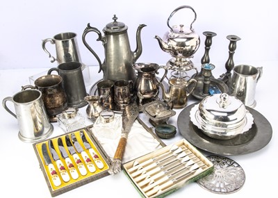 Lot 376 - A box of silver plated items and other pewter and metal wares