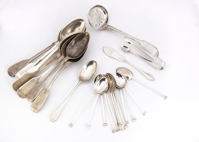 Lot 420 - Seven Georgian and Victorian silver fiddle pattern dessert spoons and other silver