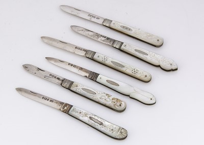 Lot 432 - Six Victorian and later silver and mother of pearl folding pocket fruit knives