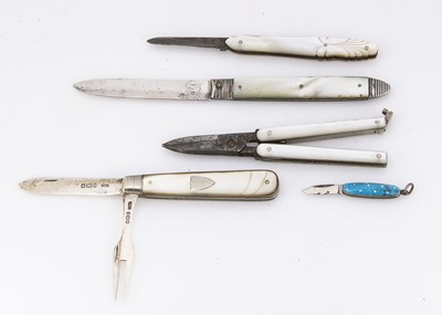 Lot 436 - Two silver and mother of pearl folding pocket fruit knives and others