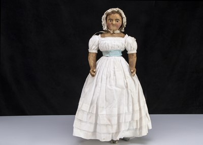 Lot 25 - An early 19th century Bazzoni type dipped wax over papier-mache shoulder-head doll