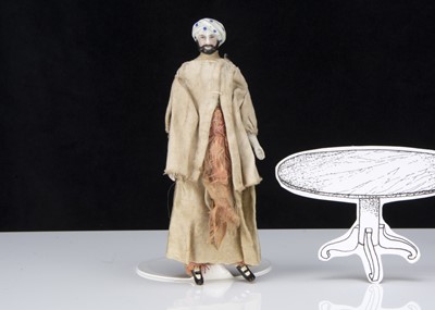 Lot 291 - A rare 19th century bisque dolls’ house shoulder head male doll with moulded turban