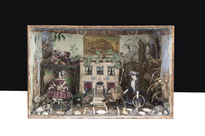 Lot 308 - A rare mid 19th century shadowbox of a garden scene with two china shoulder dolls’ house dolls with jointed wooden bodies