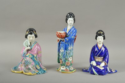 Lot 99 - Three early 20th century Japanese Kutani porcelain Geisha lady figurines
