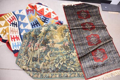 Lot 107 - A silk or wool Oriental rug a Persian Kilim and a vintage 20th Century Renaissance style wall tapestry